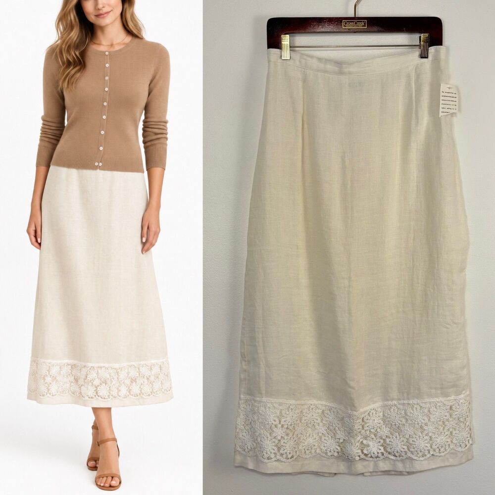 VTG 90s NWT Clio 100% Linen Midi Skirt Floral Crochet Hem Off White Ivory L USA